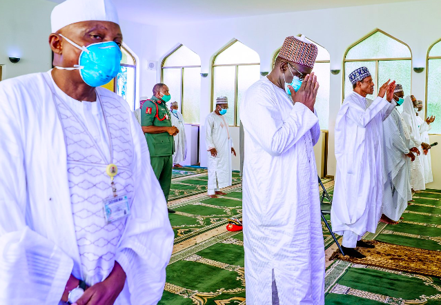 Pres. Buhari attends Juma'at prayers as mosques reopen at the Aso Villa Abuja.