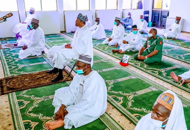 Pres. Buhari attends Juma'at prayers as mosques reopen at the Aso Villa Abuja.