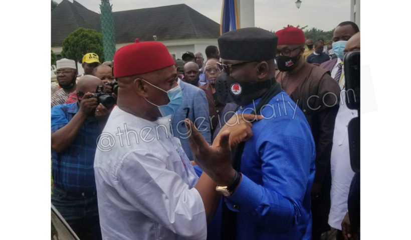 Orji Uzor Kalu and Rochas Okorocha during condolences to Dr Anyim Nyerere